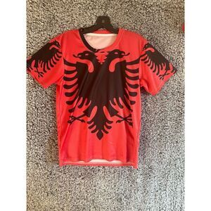 Albanian logo Unisex Graphic T-Shirt Red Crew Neck Short Sleeve Size S